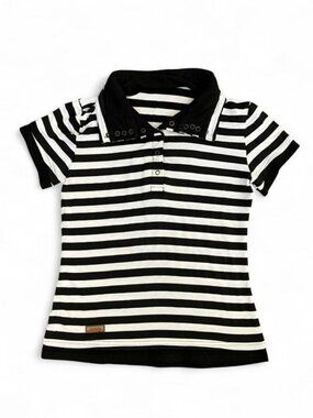 Vintage Y2K Black White Striped Underground Graphic Polo Shirt Fitted Grunge XS